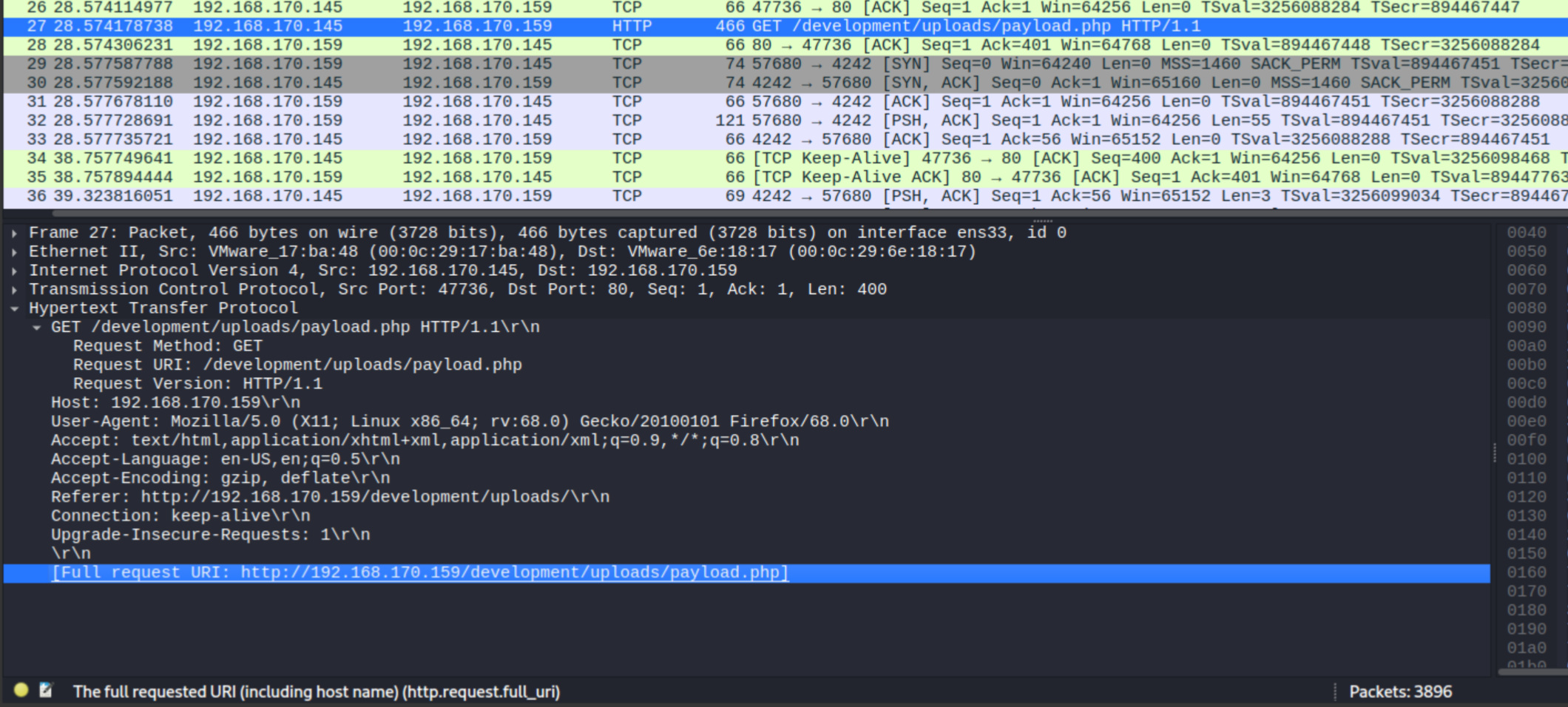 Wireshark HTTP packet list, packet 27 highlighted showing promising URL